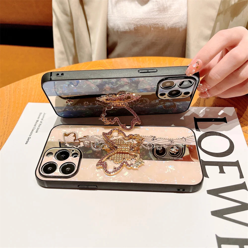 Glitter Butterfly Metal Ring Case for iPhone 15 Pro Max
