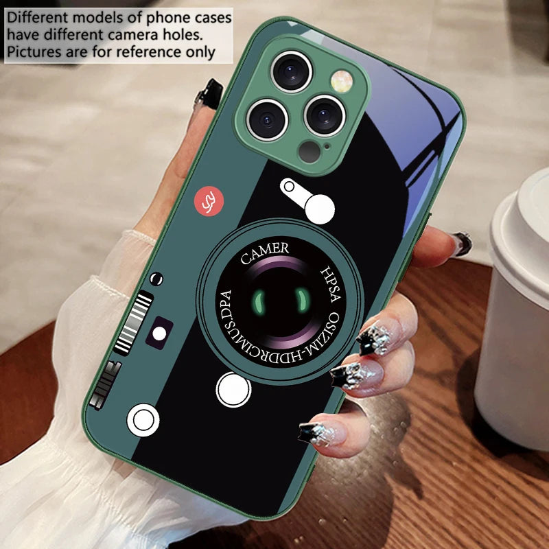 Dark Green Camera Pattern Tempered Glass Case