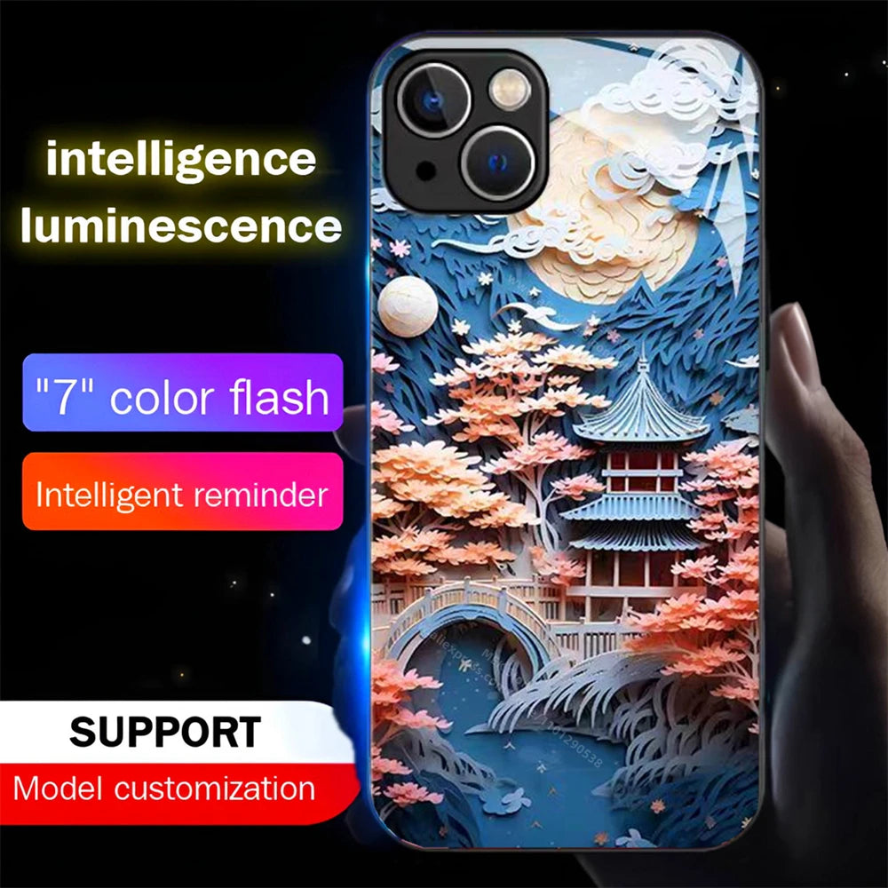Japanese Countryside Sound Control LED Flash Cases Luminous Glass Cover For iPhone 16 E 15 14 13 12 11 Pro Max X XS XR Plus SE