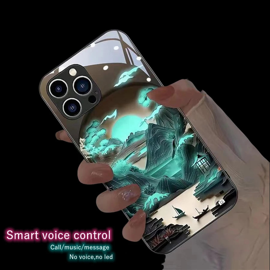 Japan Mount Fuji Design Light Up Glass Cover For iPhone 15 14 13 12 11 Pro Max X Xr Xs 7 8 6 Plus Sound Control LED Flash Cases