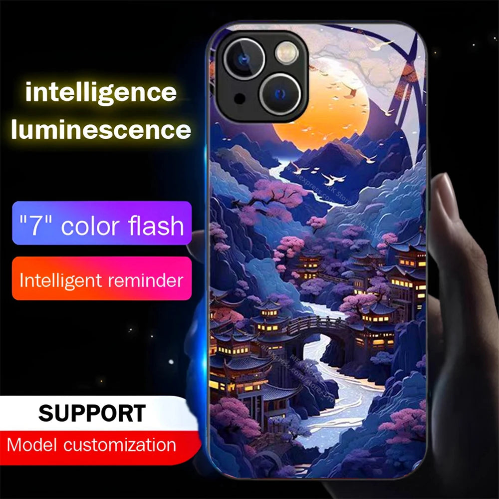 Japanese Countryside Sound Control LED Flash Cases Luminous Glass Cover For iPhone 16 E 15 14 13 12 11 Pro Max X XS XR Plus SE