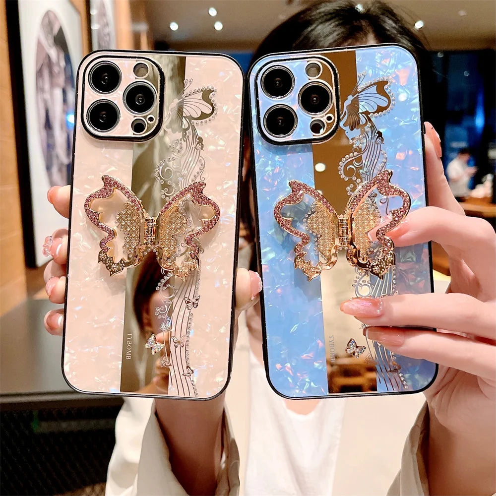Glitter Butterfly Metal Ring Case for iPhone 15 Pro Max