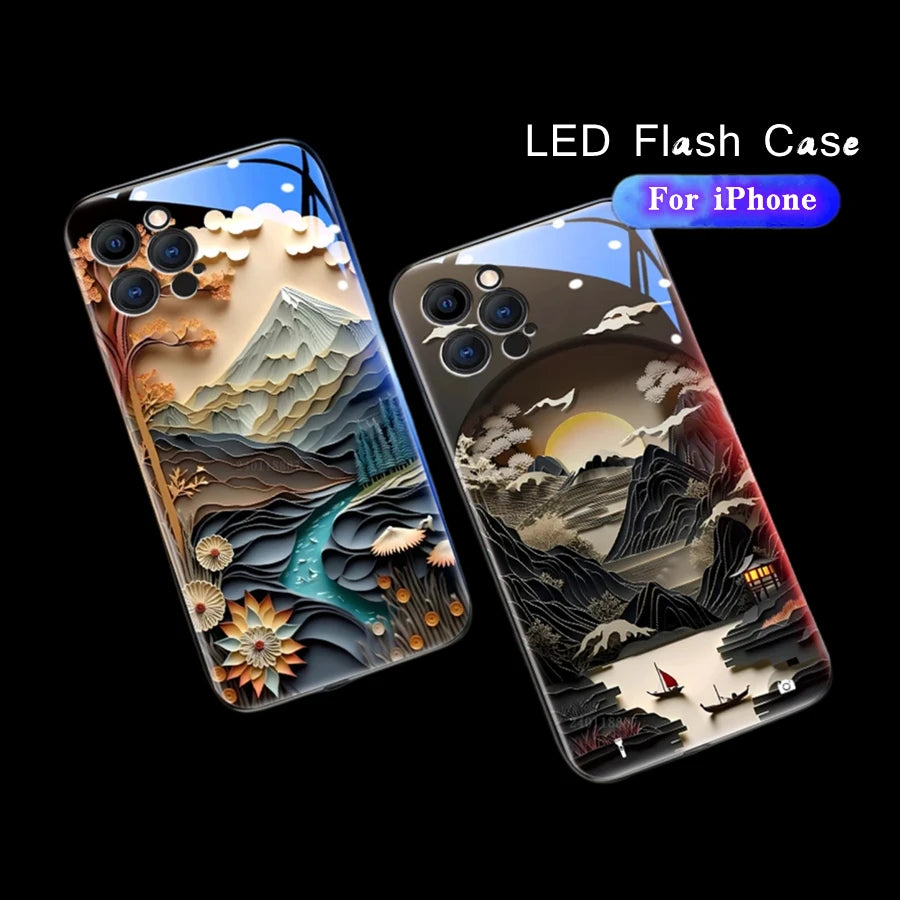 Japan Mount Fuji Design Light Up Glass Cover For iPhone 15 14 13 12 11 Pro Max X Xr Xs 7 8 6 Plus Sound Control LED Flash Cases