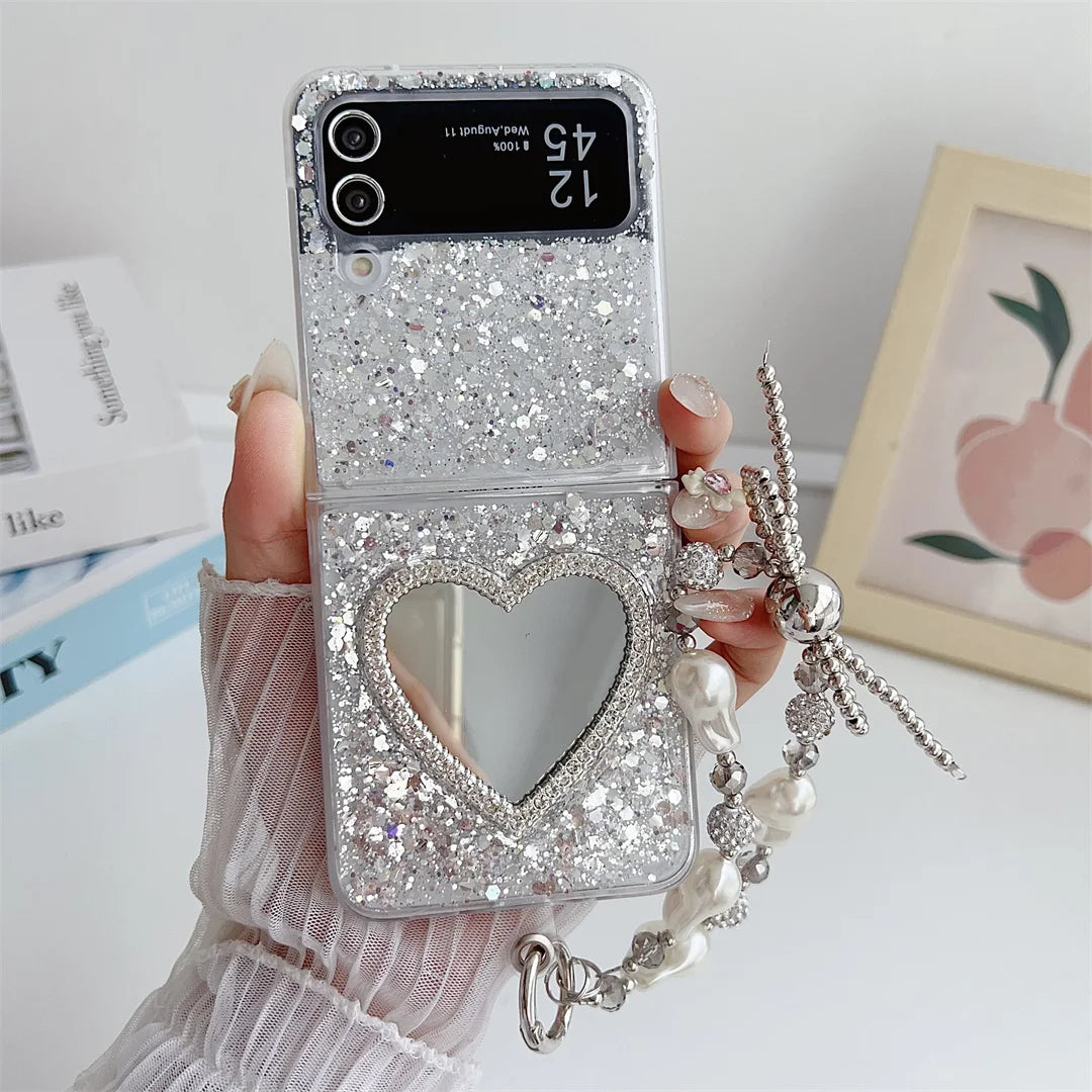 Luxury Glitter Heart Mirror Case for Samsung Flip