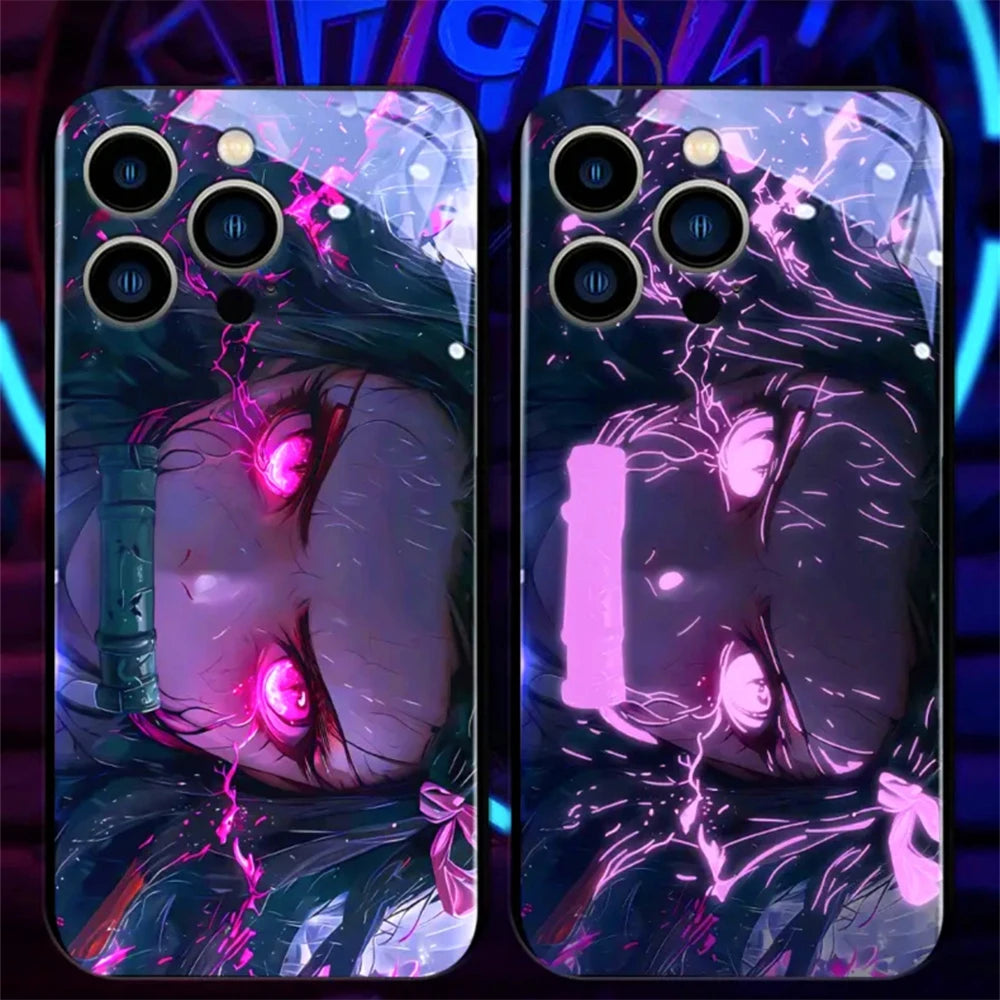 2025 Japanese Popular Anime Role Smart LED Light Up Glass Phone Case For iPhone 16 E 15 14 13 12 11 Pro Max XR XS Plus SE2020