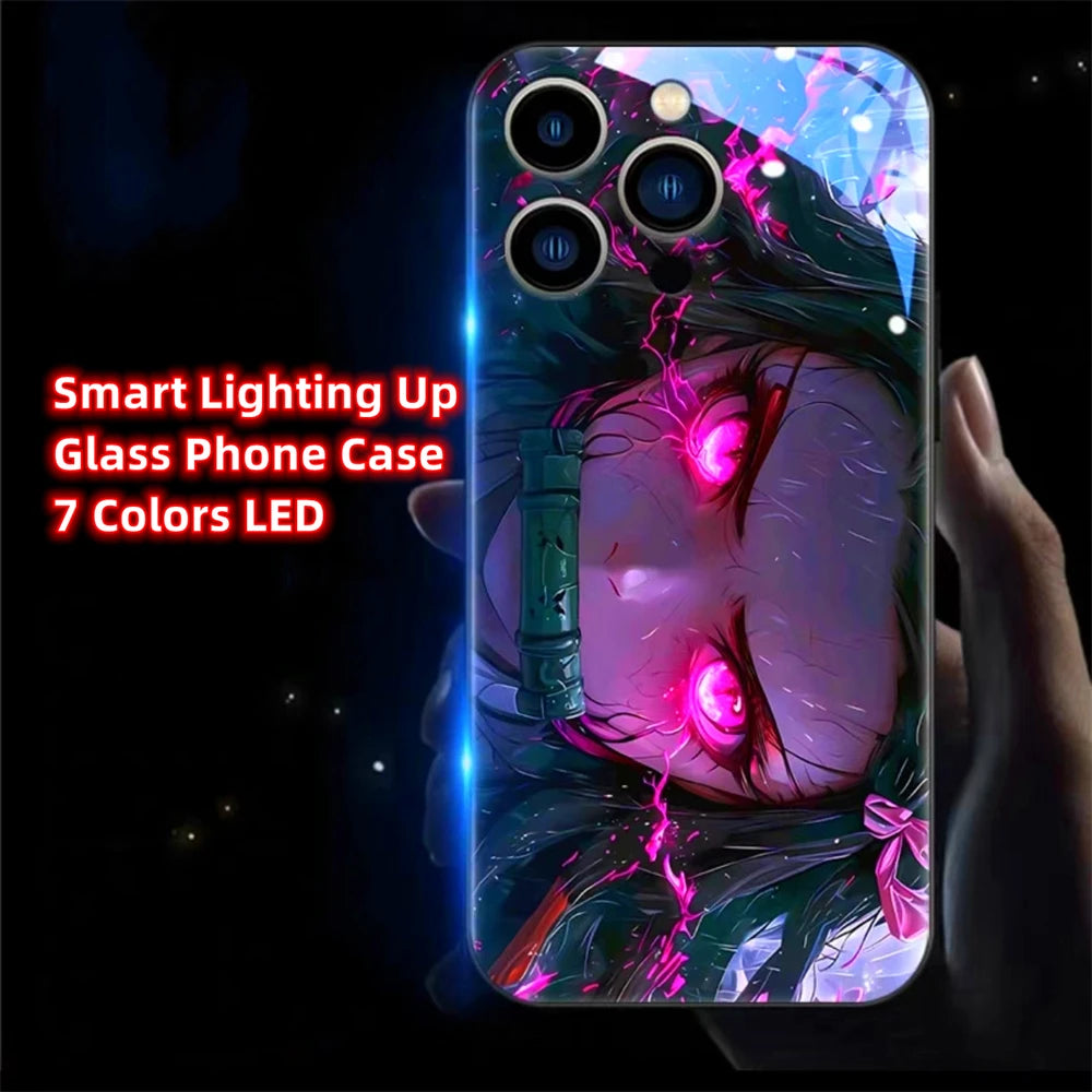 2025 Japanese Popular Anime Role Smart LED Light Up Glass Phone Case For iPhone 16 E 15 14 13 12 11 Pro Max XR XS Plus SE2020