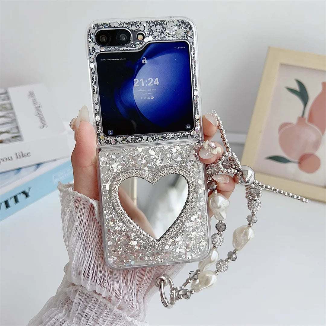 Luxury Glitter Heart Mirror Case for Samsung Flip