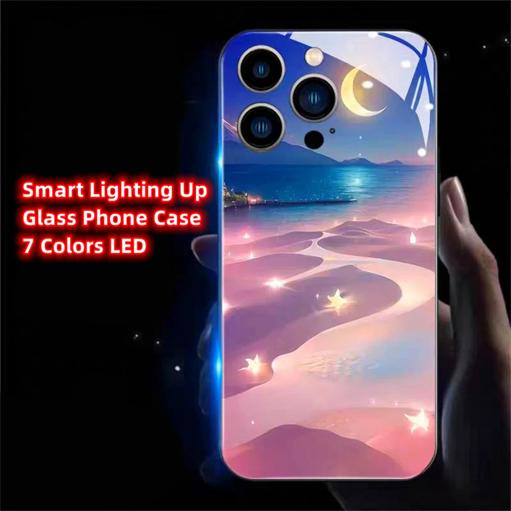 Pink Sea Beach LED Light Up Phone Case Glowing Back Cover For Samsung S25 S24 S23 S22 S21 S20 FE Note 10 20 Plus Ultra A54 A14